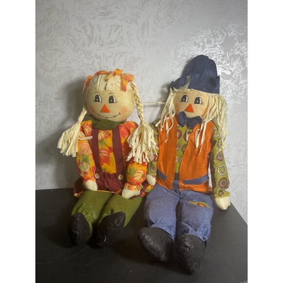 Cute Autumn-Themed Scarecrow Dolls Pair With Braids & Hat For Home Decor - Picture 1 of 2